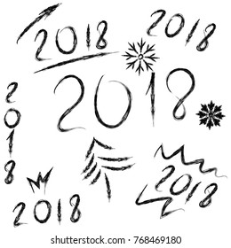 Set hand drawn 2018 happy new year script. Vector sketch pen.