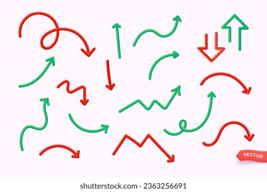 Set of hand drawn 3d style arrow. Red and green. 3D Web Vector Illustrations.