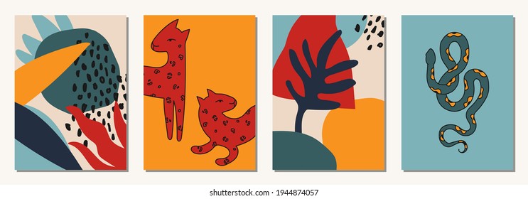 Handgezeichnete abstrakte Tiere in modernen, trendigen Farben, minimalistische Kunst.