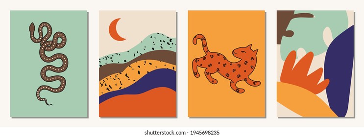 Conjunto de animales abstractos dibujados a mano en colores modernos y modernos, arte minimalista.