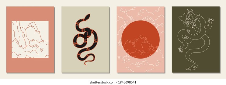 Set of hand drawn abstract animals in modern, trendy colors, minimalism art.