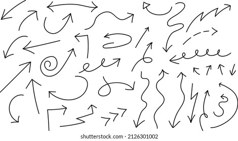 Set of hand drawn abstract arrows. Sketch doodle style.