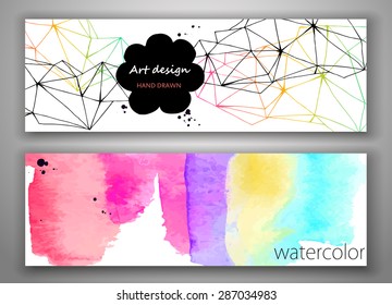 Set of hand drawn abstract banner templates, watercolor background and low poly style design, watercolor background, vector illustration.