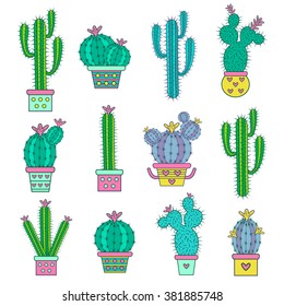Set hand drawn abstract cactuses. Vector illustration