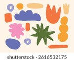 Set of Hand Drawn Abstract Color Shapes. Crayon Doodle Elements in Pink, Purple, Green, Orange. Funky Geometric Plant-Like and Organic Blobs. Vector Illustration Design