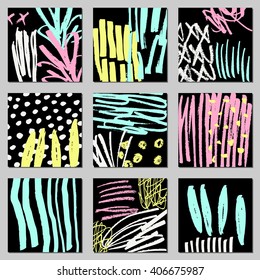 A set of hand drawn abstract compositions in black, cream and neon yellow, pink and blue. Modern textile, greeting card, poster, wrapping paper designs.