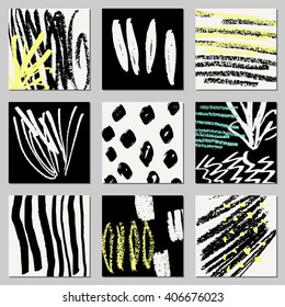 A set of hand drawn abstract compositions in black, cream and neon yellow. Modern textile, greeting card, poster, wrapping paper designs.