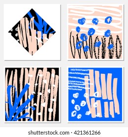 A set of hand drawn abstract compositions in black, white, pastel pink and blue. 