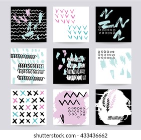 A set of hand drawn abstract compositions with hand drawn textures. Wedding, anniversary, birthday, Valentine's day, party. Design for poster, card, invitation, placard, brochure, flyer.