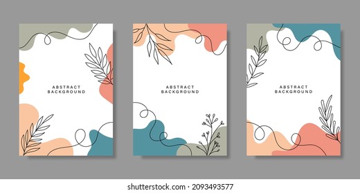 Set of hand drawn abstract design backgrounds with pastel colors and plant ornaments. Vector Illustration