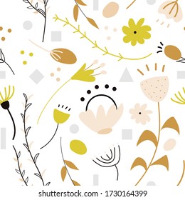 Set of hand drawn abstract doodle decorative vector patterns and elements with colored flowers and grey and yellow geometrical figures. Completed and isolated vector illustration. Wallpapers