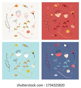 Set of hand drawn abstract doodle decorative vector patterns and elements with colored flowers on white, red, blue, azure background. Completed and isolated colored vector illustrations.