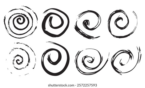 Set of hand drawn abstract doodle spiral, cicular brush stroke, swirls and circular shapes, black strokes in the form of curls for design, swirls in grunge style, hypnotic spiral movement