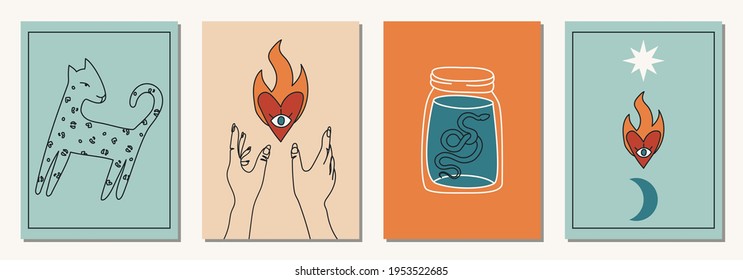 Conjunto de elementos abstractos dibujados a mano en colores modernos, a la moda, tarjetas de taro y concepto boho, arte minimalista.