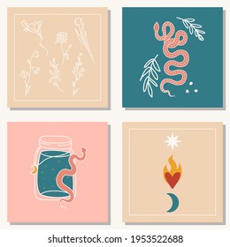 Set of hand drawn abstract elements in modern, trendy colors, taro cards and boho concept, minimalism art.
