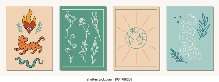 Set of hand drawn abstract elements in modern, trendy colors, taro cards and boho concept, minimalism art.