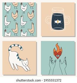 Set of hand drawn abstract elements in modern, trendy colors, taro cards and boho concept, minimalism art.