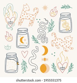 Set of hand drawn abstract elements in modern, trendy colors, taro cards and boho concept, minimalism art.