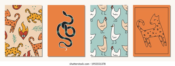 Set of hand drawn abstract elements in modern, trendy colors, taro cards and boho concept, minimalism art.