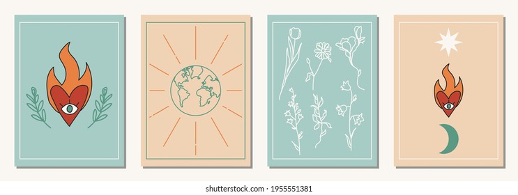 Set of hand drawn abstract elements in modern, trendy colors, taro cards and boho concept, minimalism art.