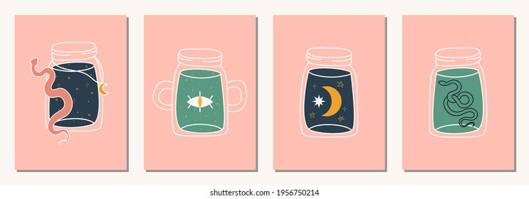 Set of hand drawn abstract elements in modern, trendy colors, taro cards and boho concept, minimalism art.