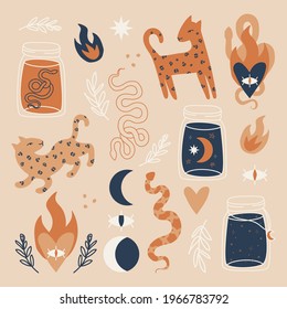 Set of hand drawn abstract elements in boho style, modern, trendy colors, minimalism art, vector illustration.