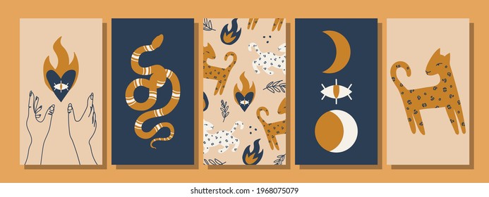 Set of hand drawn abstract elements in boho style, modern, trendy colors, minimalism art, vector illustration.