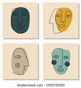 Set of hand drawn abstract faces in line art style, seamless pattern background, modern minimalism art, aesthetic contour