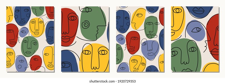 Set of hand drawn abstract faces in line art style, seamless pattern background, modern minimalism art, aesthetic contour