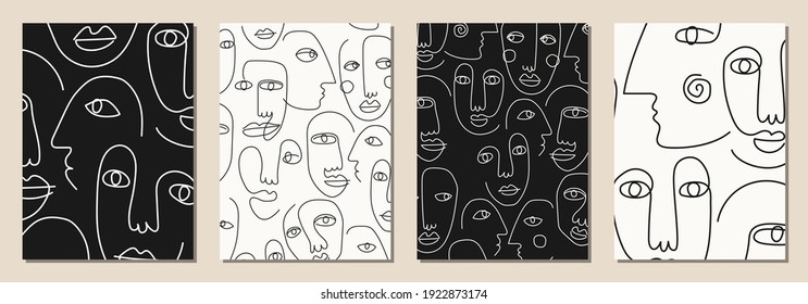 Set of hand drawn abstract faces in line art style, seamless pattern background, modern minimalism art, aesthetic contour