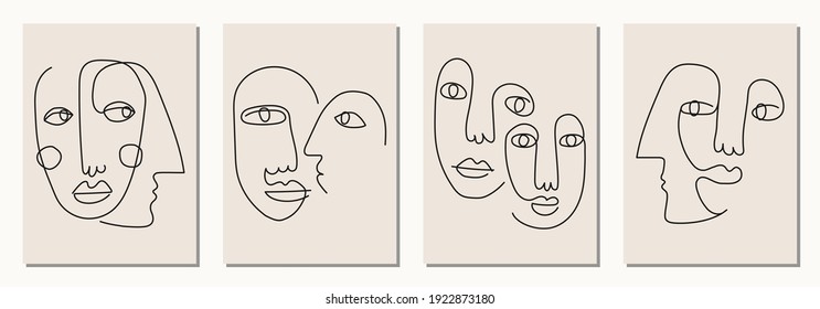 Set of hand drawn abstract faces in line art style, seamless pattern background, modern minimalism art, aesthetic contour