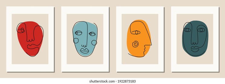 Conjunto de caras abstractas dibujadas a mano en el estilo de arte en línea, fondo de patrón sin fisuras, arte de minimalismo moderno, contorno estético