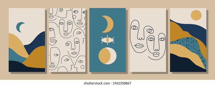 Set of hand drawn abstract faces in line art style, modern minimalism art, aesthetic contour, vector illustration.