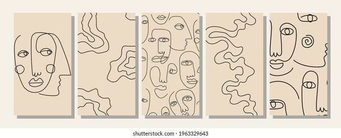 Set of hand drawn abstract faces in line art style, modern minimalism art, aesthetic contour, vector illustration.