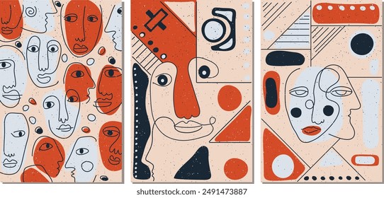 Set of hand drawn abstract faces in line art style, seamless pattern background, modern minimalism art, aesthetic contour. Surreal and avant-garde paintings.