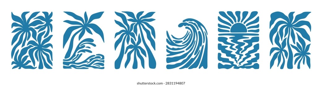 Set of hand drawn abstract funky boho summer posters with raising sun, coconut palm tree, ocean wave. Caribbean, Hawaiian island, Mediterranean surf logo design. Retro groovy hippie style background