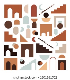 Set of hand drawn abstract geometric shapes, stairs, lines isolated on white background. Minimal contemporary modern trendy geometrical art vector illustration