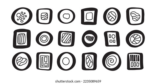 Set of hand drawn abstract geometric sushi doodle icons. Stylized different rolls. Asian food black and white outline contour line drawing clip art collection.