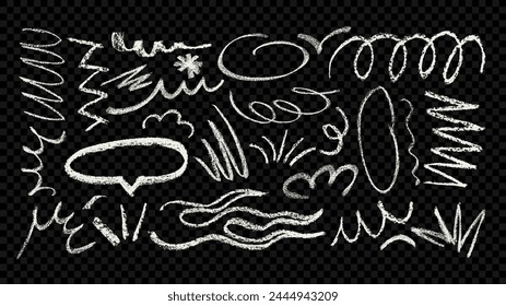 Set von Hand gezeichnete abstrakte Grunge verspielte Linien. Weißkohle, Pastellfarben oder Kreide gezeichnete raue strukturierte Formen. Trockene Lacktextur. Illustration der Vektorgrafik-Tinte.	