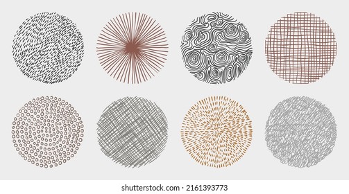 Conjunto de líneas abstractas dibujadas a mano y patrones de curvas. Elementos del marco de fondo del doodle circular. Colección artística de texturas de dibujo de tinta.