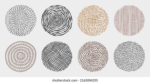 Set of hand drawn abstract lines and curves patterns. Circle doodle background frame elements. Artistic collection of ink drawing textures.