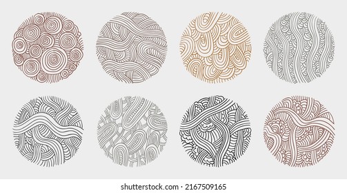 Set of hand drawn abstract lines and curves patterns. Circle doodle background frame elements. Artistic collection of ink drawing textures.