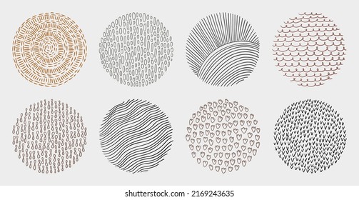 Set of hand drawn abstract lines and curves patterns. Circle doodle background frame elements. Artistic collection of ink drawing textures.