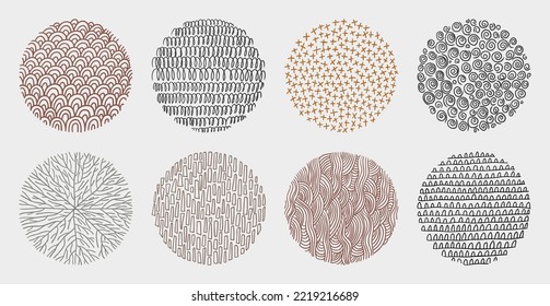 Conjunto de líneas abstractas dibujadas a mano y patrones de curvas. Elementos del marco de fondo del doodle circular. Colección artística de texturas de dibujo de tinta.