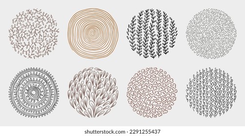 Conjunto de líneas abstractas dibujadas a mano y patrones de curvas. Elementos del marco de fondo del doodle circular. Colección artística de texturas de dibujo de tinta.
