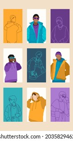 Handgezeichnete abstrakte menschliche Gesichter im Stilstil, Satz von trendigen Plakaten, moderne Minimalismus-Kunst, ästhetische Kontur, Vektorgrafik