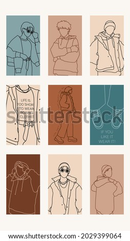 Set of hand drawn abstract man faces in line art style with social media quotes, motivation posters on trendy abstract background, modern minimalism art, aesthetic contour