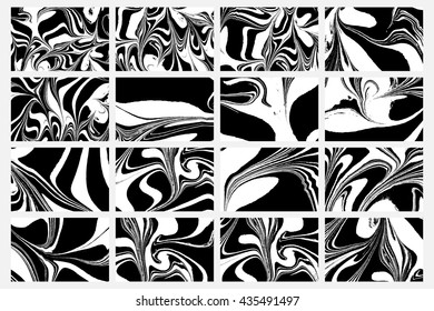 Set of hand drawn abstract marble texture. Bundle collection of beautiful white and black marble background. Pack of handmade stone or rock texture with liquid paint ink. Ebru, Turkish marbling art.
