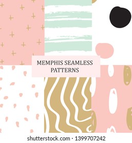 Set of Hand drawn Abstract Memphis Patterns. Textures can be used for wallpaper, pattern fills, web page background, surface textures, fabric print.