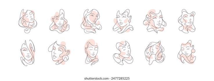 Conjunto dibujado a mano abstracto minimalista mujer retrato línea continua arte pastel spot icono Ilustración vectorial. Obra de arte moderna elegante belleza femenina silueta moda simplicidad diseño de póster